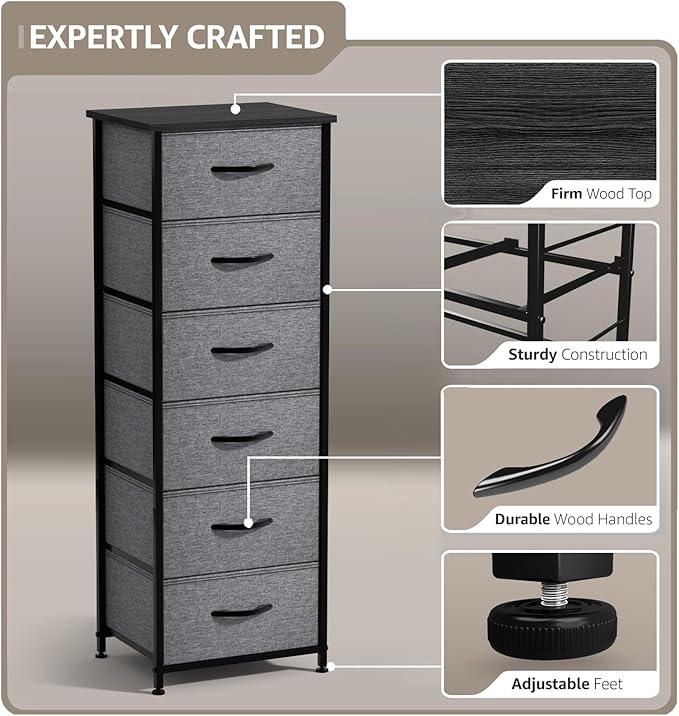 Sorbus Fabric Dresser for Kids Bedroom - Chest of 6 Drawers, Tall Storage Tower, Clothing Organizer, for Closet, for Playroom, for Nursery, Steel Frame, Fabric Bins - Wood Handle (Greige)
