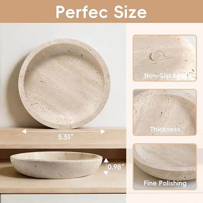 Travertine Jewelry Dish Tray - Decorative Stone Catchall Bowl for Entryway Table, Keys & Rings Holder, Natural Marble Home Decor Organizer (5.5 Inch)