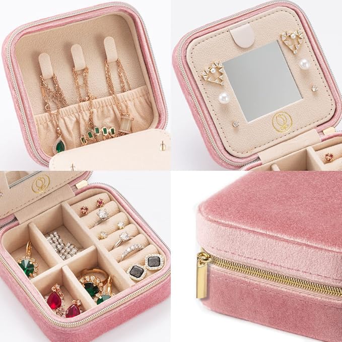 Plush Velvet Travel Jewelry Case, Travel Jewelry Organizer, Jewelry Travel Case, Travel Jewelry Box, Small Jewelry Case, Jewelry Travel Box, Earring Organizer with Mirror - Pink 4packs