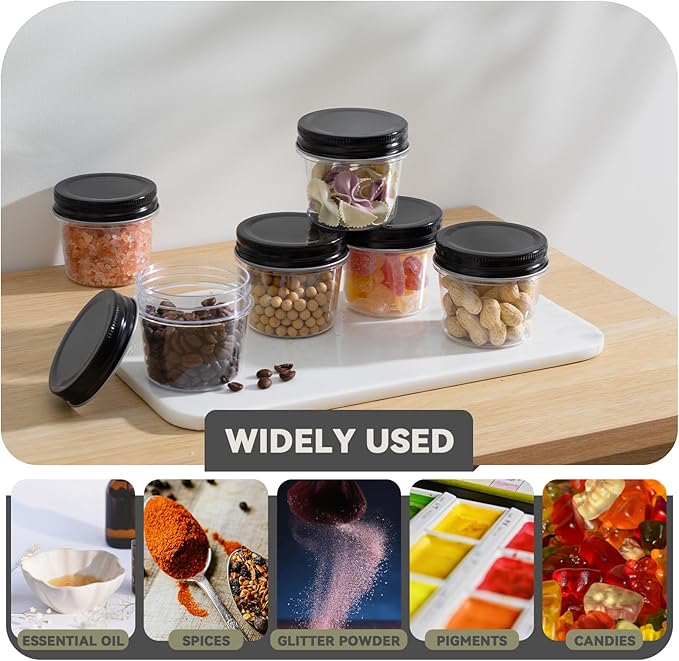 novelinks 4 oz Small Plastic Jars with Lids, 40 Pack Mini Plastic Mason Jars with Lids 4oz, Craft Storage Containers & Canning Jars & Small Spice Jars for Kitchen Organization (40 Pack,Black)