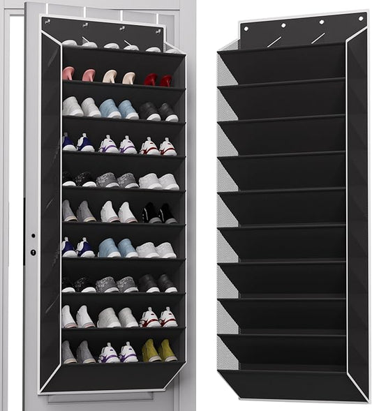 10-Tier Large Size Over The Door Shoe Organizer, Holds 30 Pairs Hanging Shoe Rack with Deep Pockets for Closet, Space-Saving Storage for Sneakers, Boots (Black)