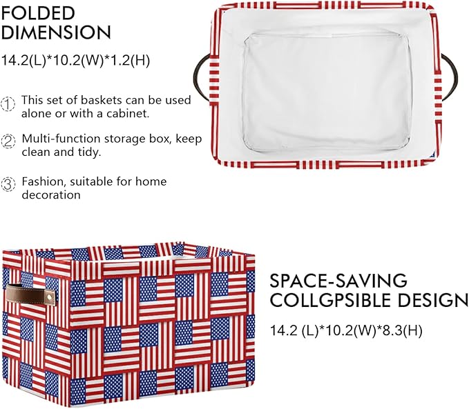 Large Storage Basket American Flag Foldable Storage Box Organizer Bins with Handles for Bedroom Home Office