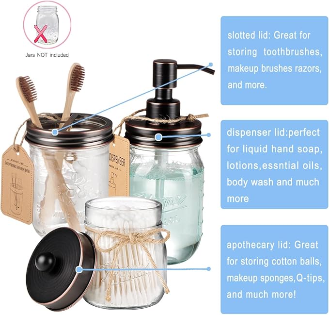 Mason Jar Bathroom Accessories Lids Set(4pcs) - Jars Not Included - Soap Dispenser, Apothecary Jars Lids for Regular Mouth Mason Jars, Wide Mouth Toothbrush Holder lid,-Stainless Steel,ORB