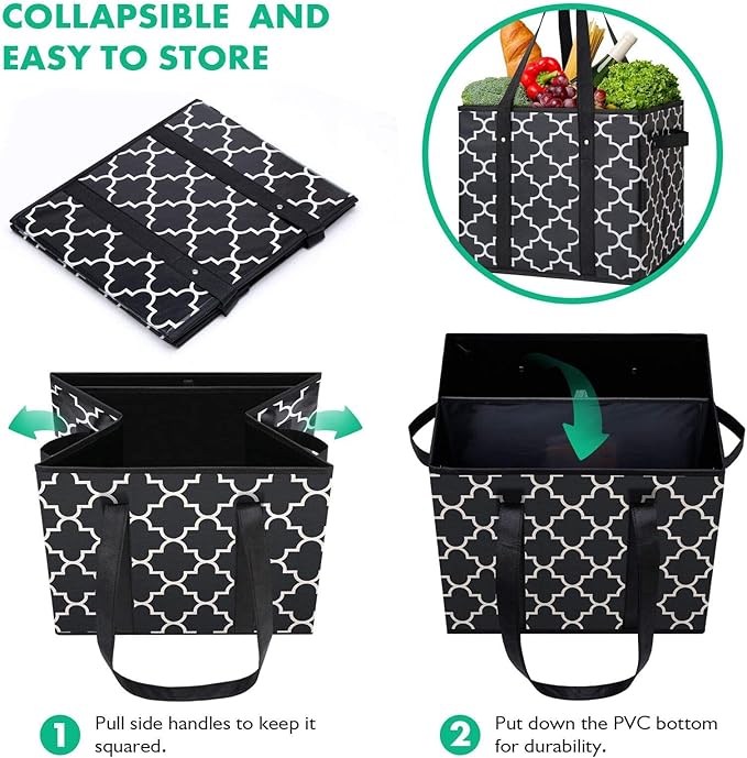 WISELIFE Reusable Grocery Bags 4-Pack Foldable Washable Large Storage Bins Basket Water Resistant Shopping Tote Bag Black