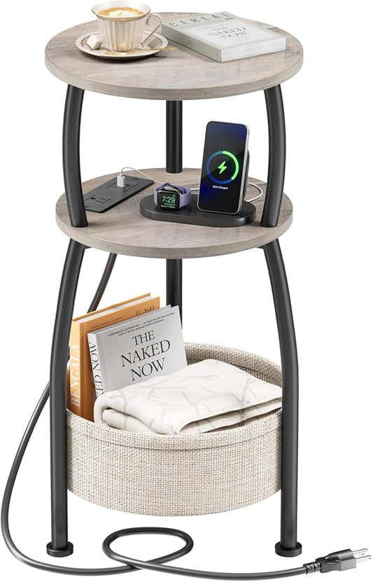 Side Table with Charging Station, Small Round End Table with Basket, USB Port and Outlet, 3 Tiers Sofa Couch Table Bedside Table for Living Room Bedroom, Small Spaces, 11.81in Greige