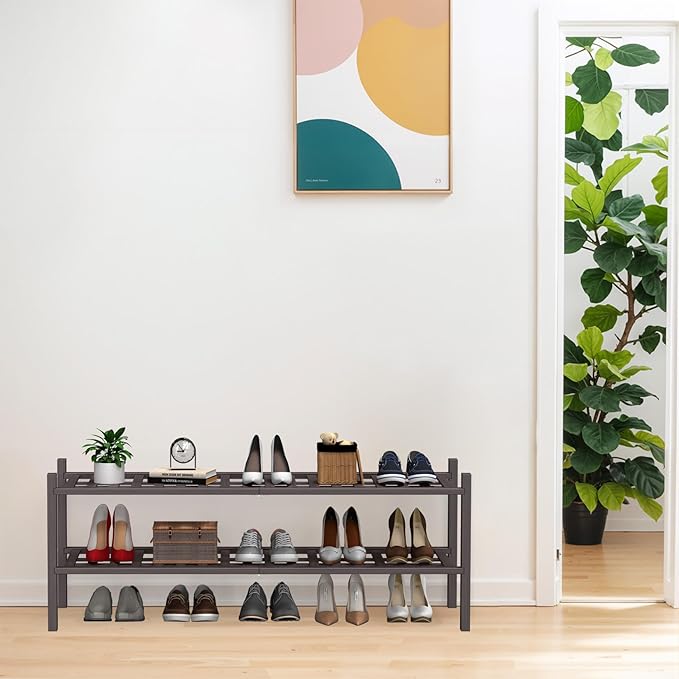 Haddockway Long 2 Tier Bamboo Shoe Rack Storage Organizer, Multifunctional Free Standing Stackable Shoe Shelf with Grid Panel for Closet,Hallway,Entryway,Small Space 34.2"x11"x13"