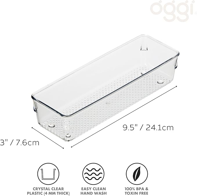 Oggi Clear Drawer Organizer, 3" X 9" | Pack of 2 | For Kitchen | For Office | For Bathroom