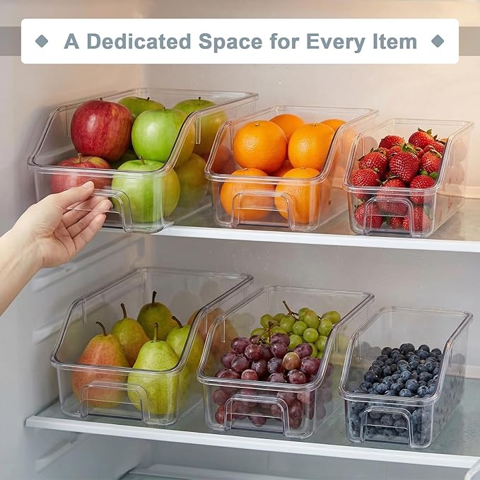 LemonRoad 12 Packs Clear Freezer Organizer Bins with Handle Pantry Vegetable Organizers and Storage Stackable Open Front Fridge Storage Egg Salad Containers for Kitchen Refrigerator Cabinet Closet