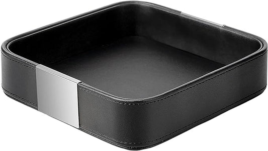 SANZIE Luxury Leather Desktop Storage Small Catchall Organizer Decorative Tray for Entryway Table to Hold Jewelry Watch Cosmetics Keys Phone Wallet, Home & Office Accessories (Metal Silvered, Black)