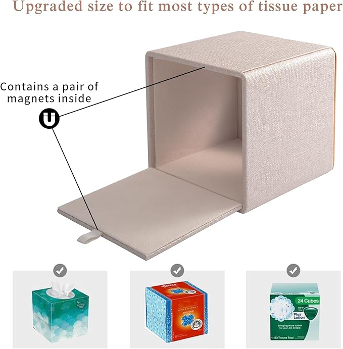 Linen Square Tissue Box Cover,Cube Tissue Box Holderï¼Excellent Rosegold Leather Decoration,Table Napkin Case Dispenser,Facial Tissues Organizer with Magnetic Bottom for Home Office Car(Beige)