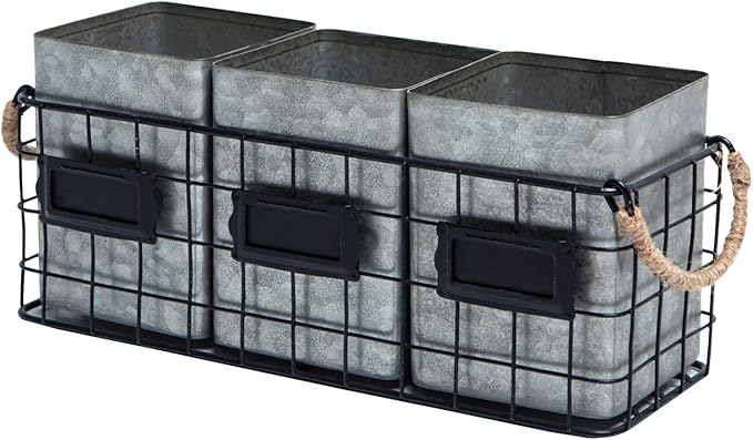NIKKY HOME Farmhouse 3 Compartment Galvanized Flatware Cutlery Caddy Countertop Silverware Holder for Spoons, Knives, Forks - Silver