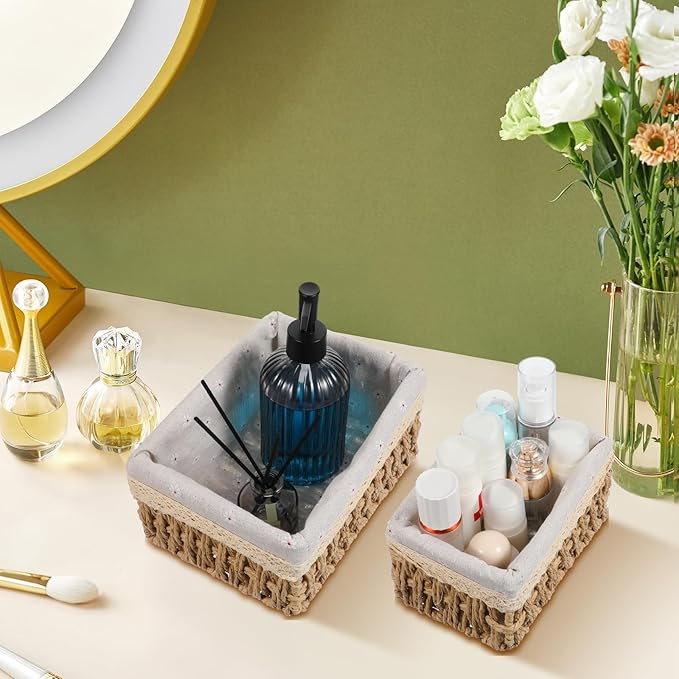 3 Pcs Storage Basket With Liner, Wicker Decorative Basket for coffee table, RectangleTray,Bathroom Countertop Organizer, rectangle Kitchen Drawer Organizer Storage (3 Sizes)