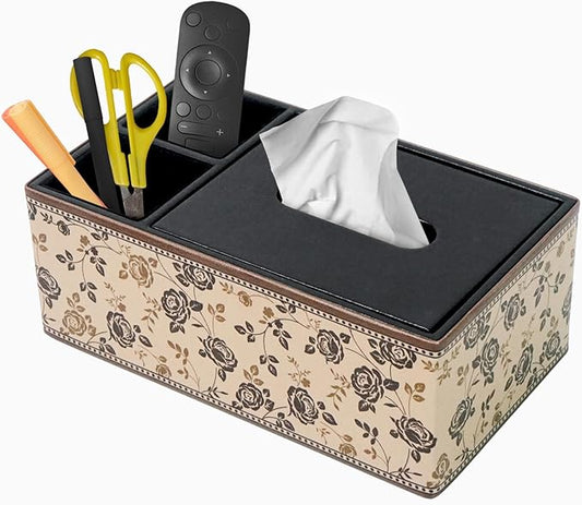 DreamsEden PU Leather Tissue Box Cover with Storage Tray, Multi-Functional Organizer for Tissues & Remote Control for Bedroom, Nightstand, End Table, Living Room