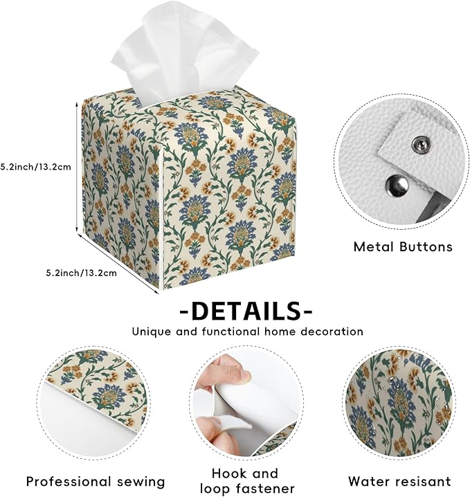 Turkish Motifs Tissue Box Cover Square,Tissue Box Holder with Belt Bottom,Stylish Leather Napkin Holder for Vanity Countertop,Nightstands,Office Desk,5.2"Ã5.2"Ã5.2"