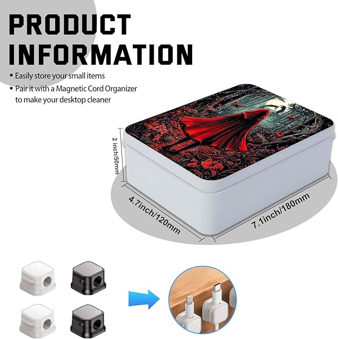 Metal Tin Box with Lid,Multi-functional Storage Large Box Can Store Tea Biscuits Game Cards, Playing & Tarot Cards-Comes with 4 Magnetic Cord Clips,Red Hood in Forest