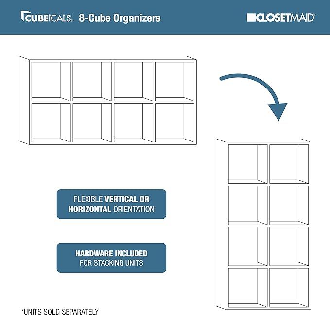 ClosetMaid Cubeicals 8 Cube Storage Shelf Organizer Bookshelf, Stackable, Vertical or Horizontal, Easy Assembly, Wood, White Finish