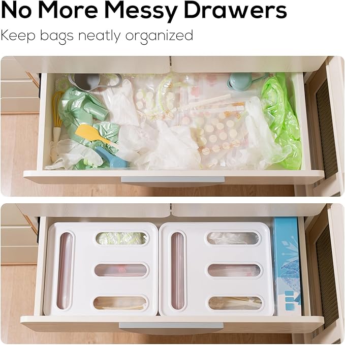 Food Storage Bag Organizer, 4 in 1 Plastic Bag Organizers for Gallon, Quart, Snack & Sandwich Bags, Kitchen & Drawer Storage, Food-Grade BPA-Free