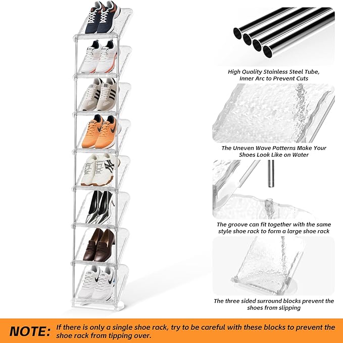 Vertical Shoe Rack 8 Tiers Narrow Clear Sneaker Storage Holder Luxurious Slim Tall Organizer Space Saving Shelf for Entryway Garage 10.4" W x 64.5" H x 9.8" D (Transparent)
