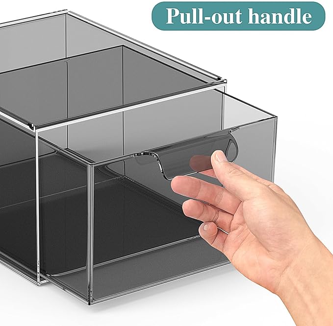 2 Pack Stackable Makeup Organizer and Storage, Acrylic Organizers，Clear Plastic Storage Drawer with Pull-Out Handles for Vanity, Undersink, Kitchen Cabinets, Pantry, Black