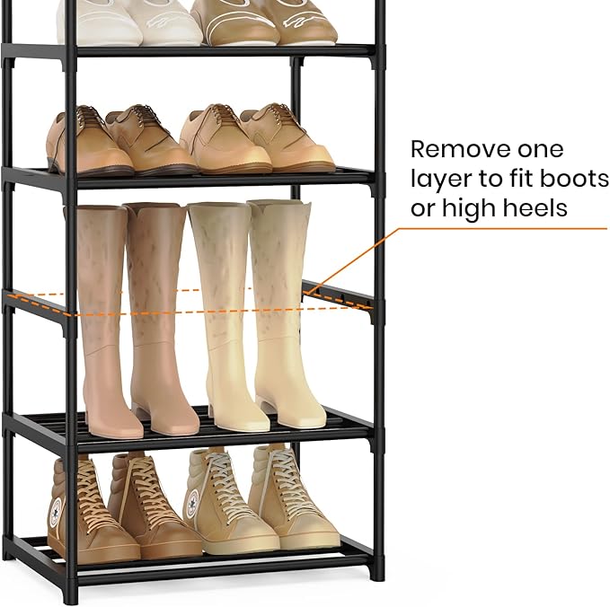 Narrow Shoe Rack 10 Tiers Tall Shoe Rack for Entryway 20 24 Pairs Shoe & Boots Organizer Storage Shelf Durable Black Metal Stackable Shoe Cabinet with Hooks, 17.1D x 11.8W x 78.7H in