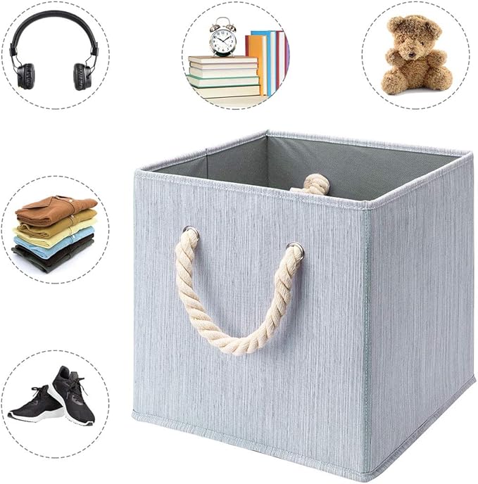 i BKGOO Foldable Storage Cube Bins Grey Bamboo Fabric Collapsible Resistant Basket Box Organizer with Cotton Rope Handle for Home Office and Nursery 10.5x10.5x11 inch
