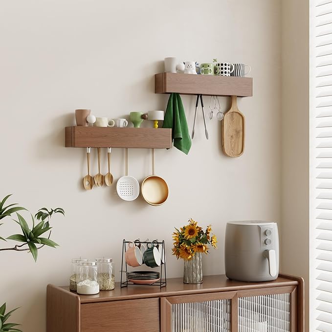 Solid Wood Wall Mounted Coat Rack with Shelf Hooks - Modern Floating Shelves with 5 Hidden Hooks, Heavy Duty Entryway Coat Key Holder Hanger for Hallway Bathroom Bedroom Home Decor