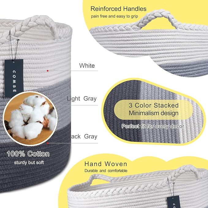COMSE Extra Large Woven Blanket Laundry Basket, 21.7âx 13.8â, Nursery Hamper, Cotton Rope Laundry Hamper Living Room for Storage Toys Clothes Towels (White & Light Gray & Dark Gray)
