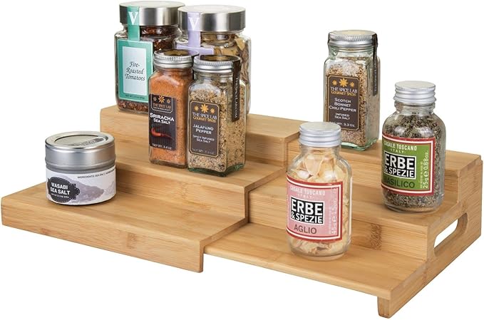 mDesign Bamboo Adjustable, Expandable Spice Rack Organizer with 3 Levels Storage for Kitchen Cabinet, Countertop, Pantry Shelf - Holds Spice Jars - Echo Collection - Natural