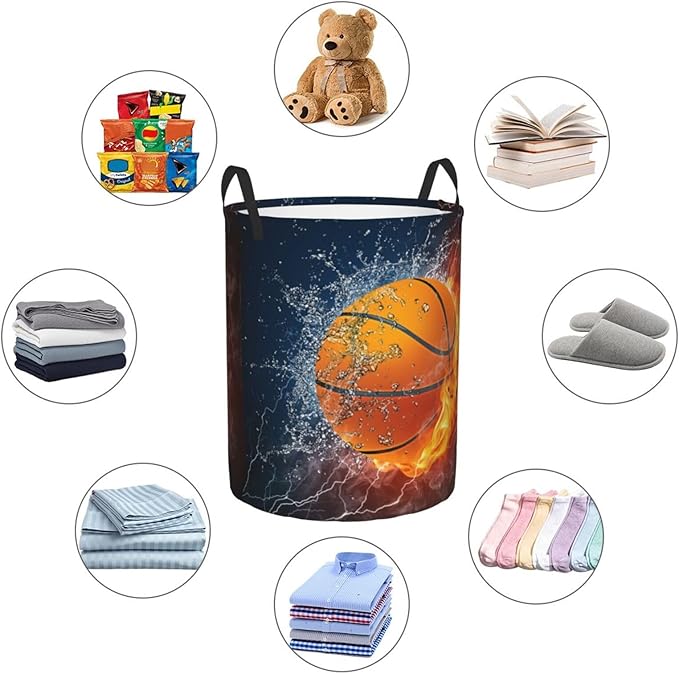Sport Basketball Ball In Fire And Water Round Laundry Hamper Storage Basket Toys Clothes Organizer Bin For Home Bathroom Bedroom Dorm Nursery, 62l