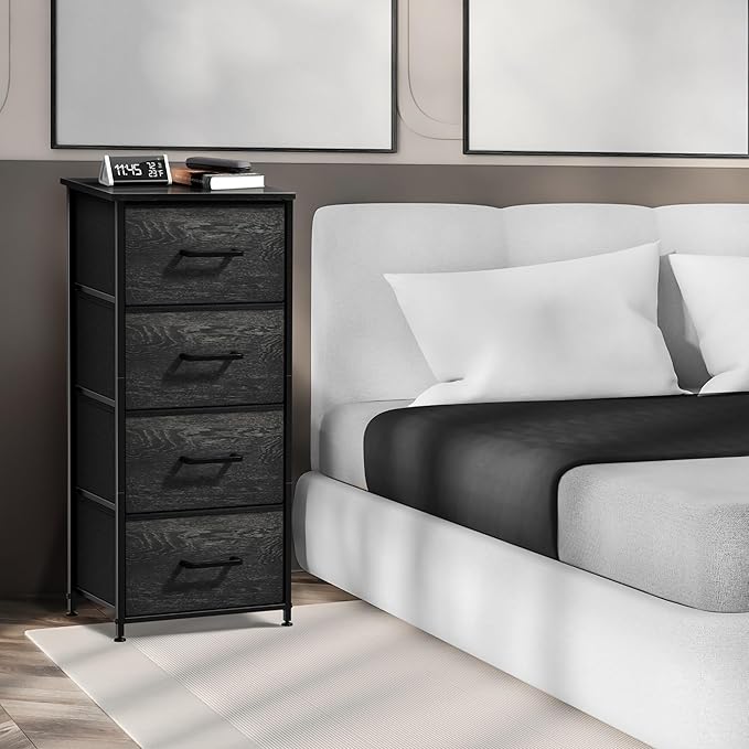 Sorbus Nightstand Dresser with 4 Faux Wood Drawers - Tall Bedside Table Chest with Storage, Steel Frame, Wood Top, Easy Pull Fabric Bins for Bedroom, Living Room, Closet & Dorm Furniture Lamp Stand