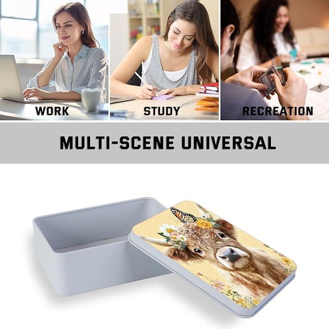 Metal Tin Box with Lid,Multi-functional Storage Box Can Store Tea Biscuits Game Cards, Playing & Tarot Cards-Comes with 4 Magnetic Cord Clips,Cute Cow Butterfly