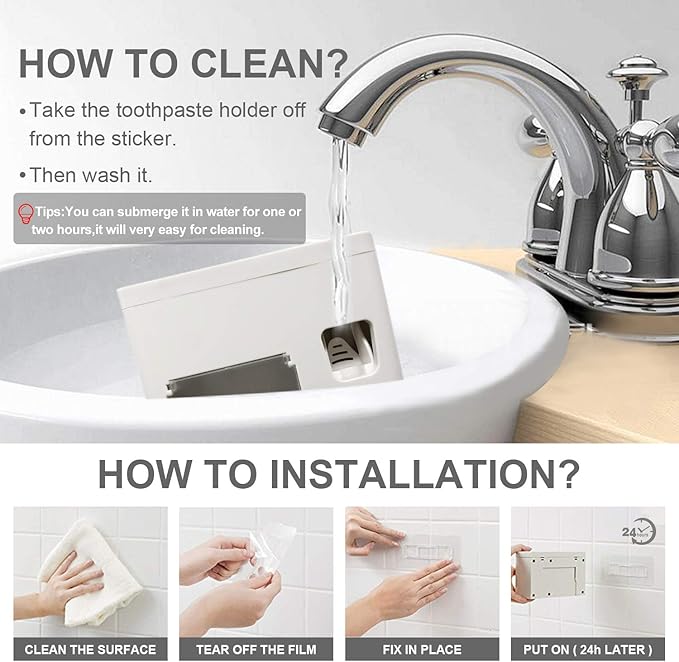 Toothpaste Dispenser Toothbrush Holder Set, Toothpaste Squeezer Tooth Brush Holder Set Holder with Anti-dust Cover, 3-in-1 Wall Mounted Holders with 1 Storage Grids Bathroom Accessories
