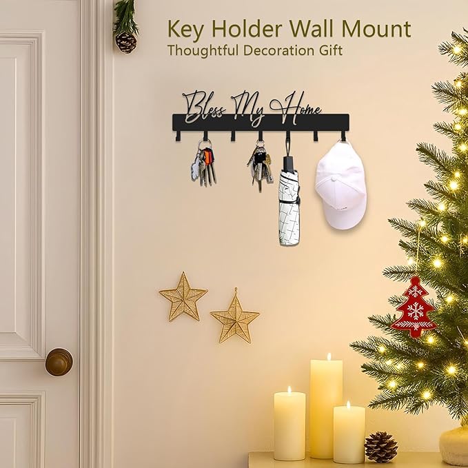 Exquisite Fashion Phrase Key Holder Wall Mount,Bless My Home Key Hooks for Wall Decoration,Black Metal Key Hanger with 7 Hooks for Entryway,Office,Living Room Decor