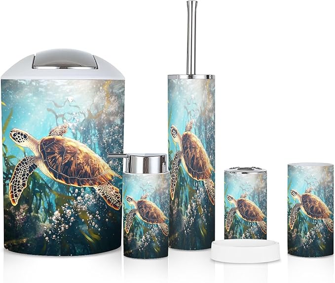 6 Piece Bathroom Accessories Set Sea Turtle Adventure Whimsical Kelp Forest Storybook Art Trash can Toilet Brush Holder Toothbrush Holder Toothbrush Cup Soap Dispenser Soap Dish for Home
