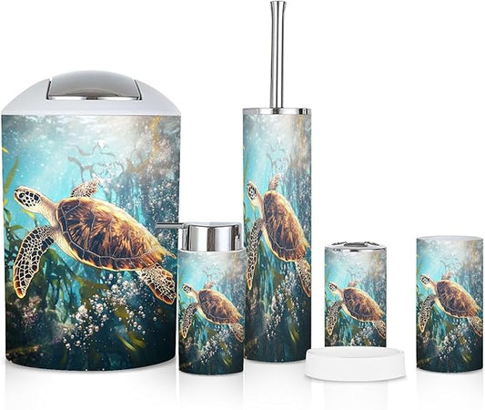 6 Piece Bathroom Accessories Set Sea Turtle Adventure Whimsical Kelp Forest Storybook Art Trash can Toilet Brush Holder Toothbrush Holder Toothbrush Cup Soap Dispenser Soap Dish for Home