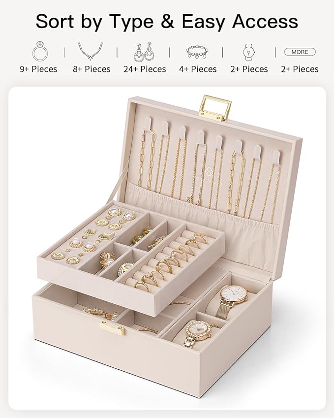 VLANDO 2 Layer Jewelry Boxes Large Jewelry Organizer for Women Removable Jewelery Tray for Watch Necklace Earrings Rings Bracelets Wedding Gifts Bride Gifts(Apricot White)