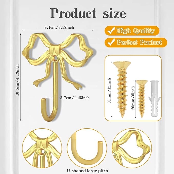 2Pcs Large Size Gold Bow Wall Hook, Gold Coat Hook, Metal Hook, Bow Room Decor Hooks for Coats, Coffee Mugs, Hats, Bags, Bath Towels and Room Decorations