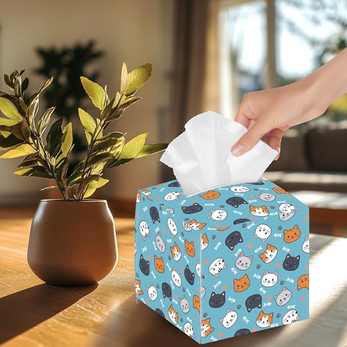 Cat Face Tissue Box Holder, Square Tissue Box Cover Foldable Tissue Storage Box Waterproof Paper Towel Case Container Organizer Cute Tissue Box Holder for Bedroom Office Bathroom Car
