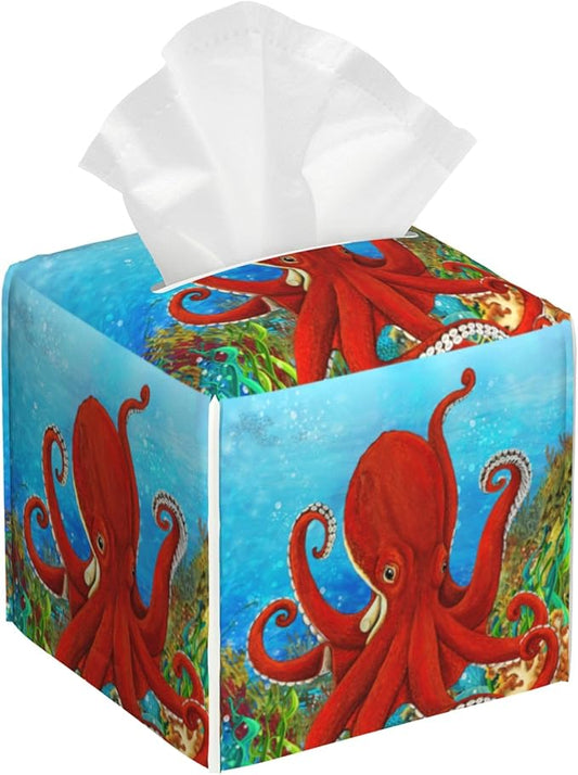 Tissue Box Holder Cartoon Octopus Tissue Box Cover Square Leather Tissue Holder Organizer Portable Decorative Facial Paper Case for Home Office Bathroom Vanity Countertop