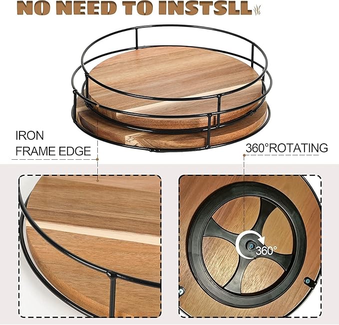 Lazy Susan Organizer - Non-Skid Wood Turntable Organizer for Cabinet, Pantry, Kitchen Countertop, Refrigerator, Spice Rack, Carbonized Black