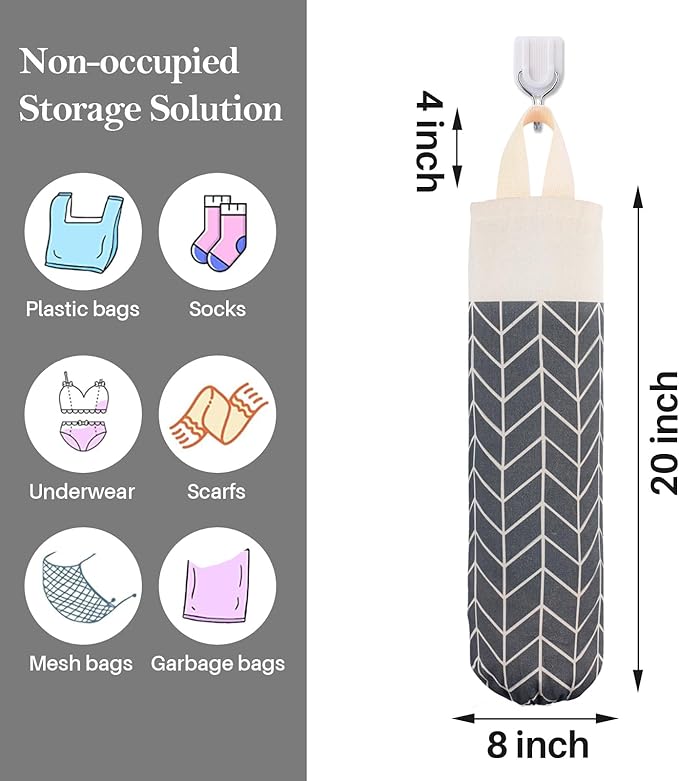 Plastic Bag Holder, Canvas Grocery Bag Holder Dispenser, Wall Mount Shopping Trash Bag Storage Organizer for Home Kitchen (Dark Grey)