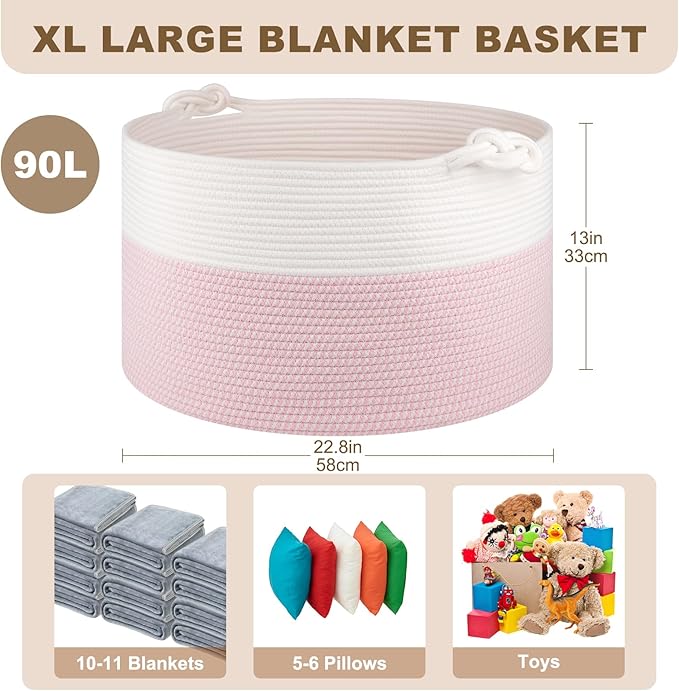 Large Blanket Storage Basket for Living Room, 22.8" x 22.8" x 13" Woven Cotton Rope Basket with Handles, Baby Toy Storage, Laundry Hamper for Clothes, Pillows, Towels-Pink and White