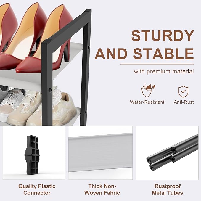 6-Tier Shoe Rack Organizer, Zero-Wobble Metal Frame with Screw-Fastened Joints, 11.8" Deep Heel-Friendly Non-Woven Shelves, Stackable Shoe Storage for Closet & Entryway