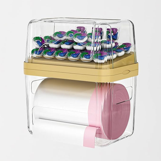 2-in-1 Trash Bag Dispenser & Laundry/Dishwasher Pods Container, Clear Acrylic Garbage Bag Organizer with Removable Lids, Under Sink Kitchen Storage Box