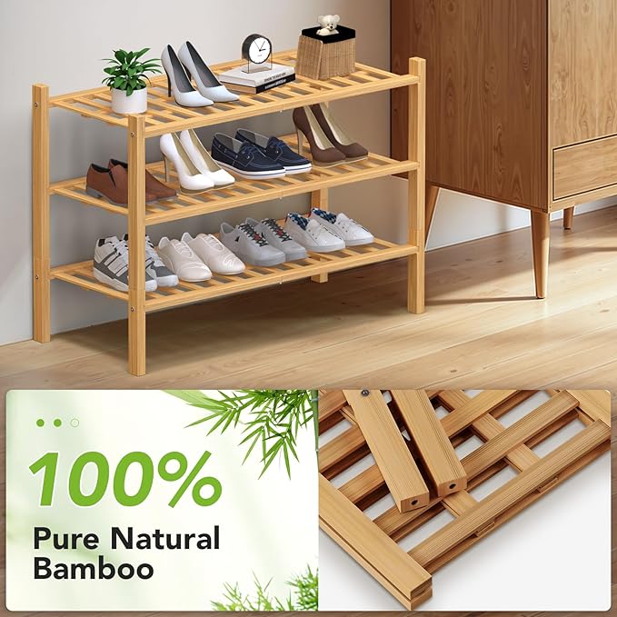 Haddockway 3 Tier Bamboo Shoe Rack Storage Organizer, Multifunctional Free Standing Stackable Shoe Shelf with Grid Panel for Closet,Hallway,Entryway,Small Space 27"x11"x20"