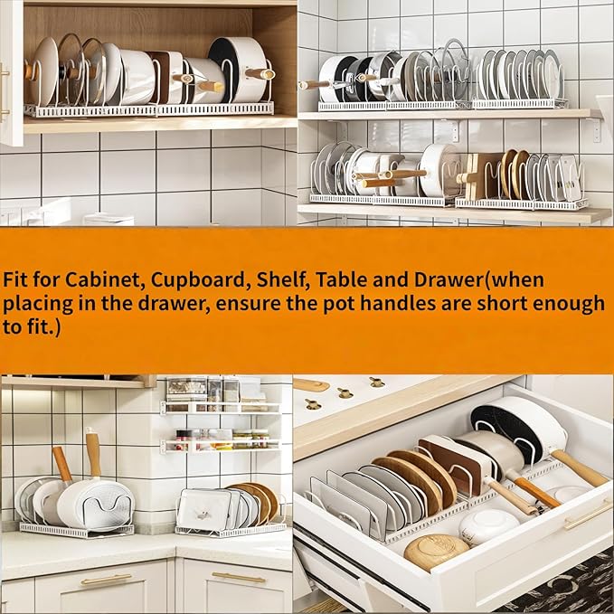 Expandable Under Cabinet Organizer Rack for Pots, Pans, Lids & Bakeware - Adjustable 10-Compartment Kitchen Storage Holder for Cabinet Door, Fits Cutting Boards, White, Expandable 11.81''-22.85''