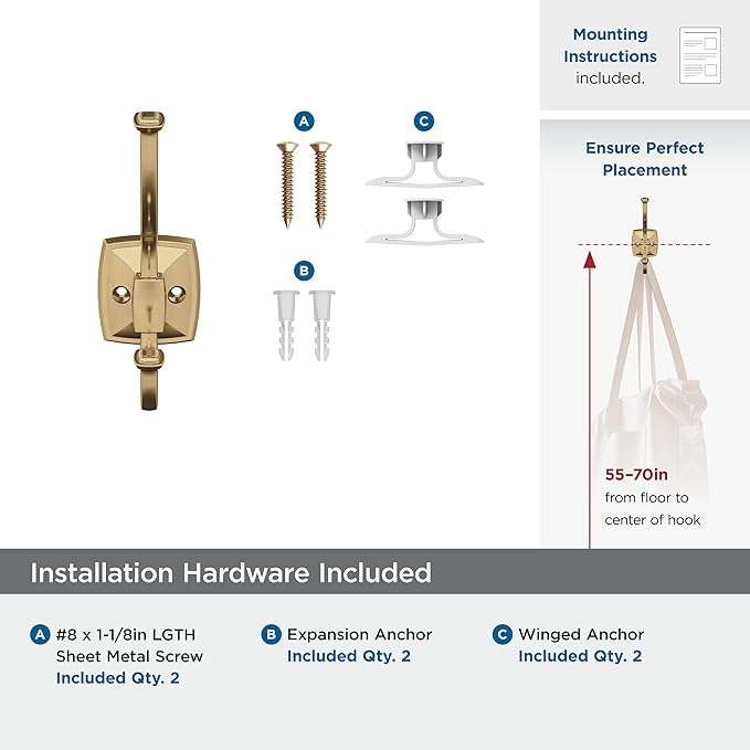 Amerock H37002CZ | Kinsale Double Prong Decorative Wall Hook | Champagne Bronze Hook for Coats, Hats, Backpacks, Bags | Hooks for Bathroom, Bedroom, Closet, Entryway, Laundry Room, Office