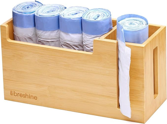 Bamboo Trash Bag Dispenser & Holder 1.2–4 Gallon, No-Drill Adhesive Wall Mount & Cabinet Door, Fits Up to 3.3” Diameter Rolls, Mini Garbage Bag Organizer for Kitchen Under Sink