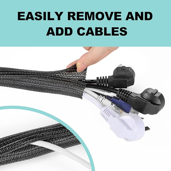 AGPTEK Cable Sleeve Cover, 6.6ft - 1.2 inch Desk Cord Organizer Cable Hider, Home Office Wire Management Computer TV Wire Loom Tubing, Pet Proof Cord Protector, from Cat Dog Chewing, Black