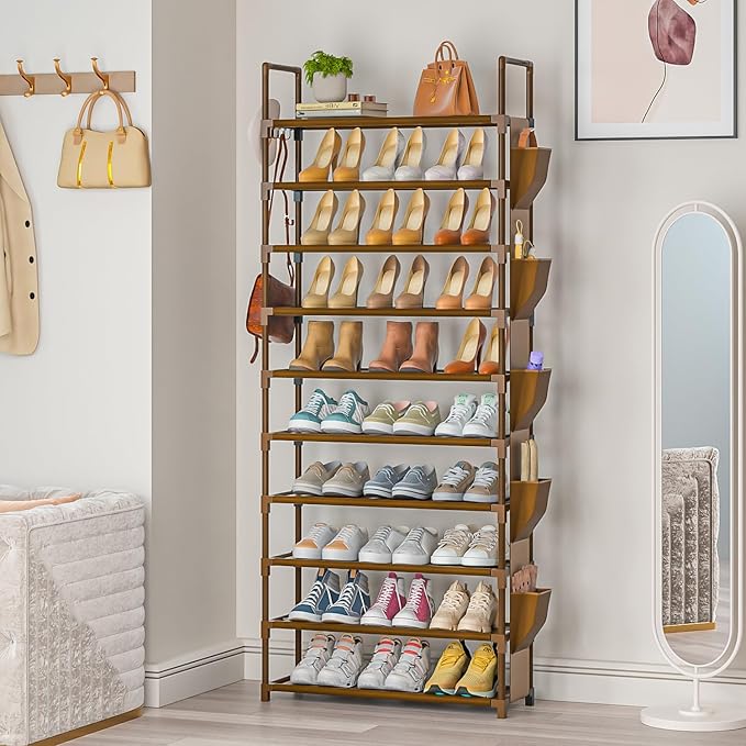 Tall Shoe Rack - 10 Tier Organizer for Closet, 30-35 Pairs, Large Capacity with 5 Hooks and Side Pocket, Sturdy Metal Shoe Shelf, Vertical Shoe Stand Tower